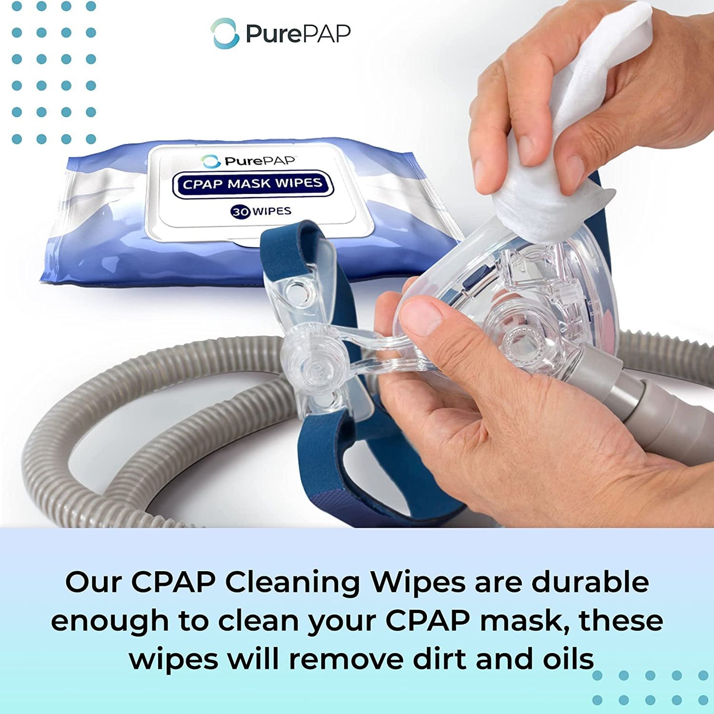 PurePAP CPAP Cleaning Wipes (30 Wipes) - 100% Cotton Sheets - Alcohol-Free CPAP wipes - Natural Ingredients w/ Aloe Vera & Vitamin E - Resealable Packet - CPAP Supplies