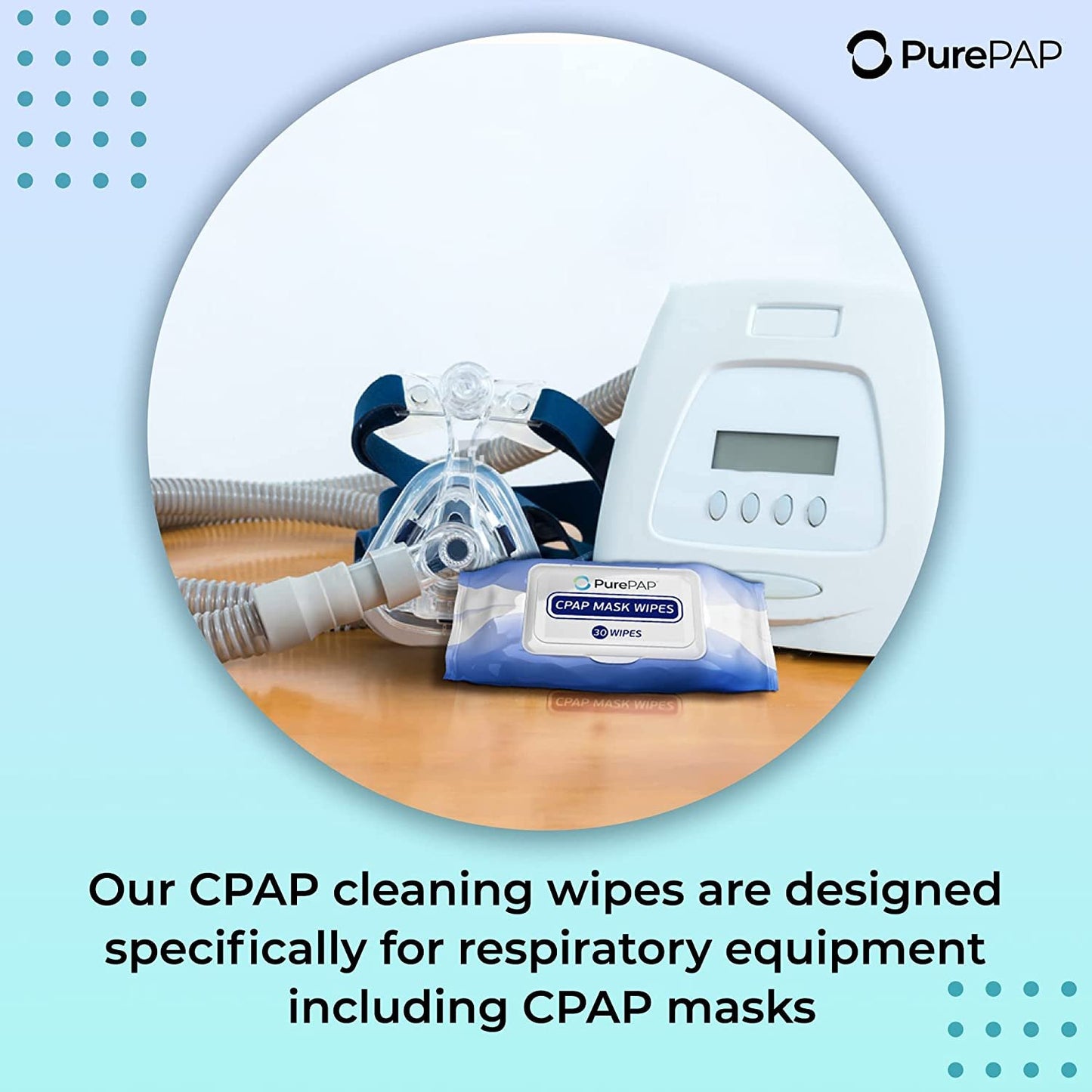 PurePAP CPAP Cleaning Wipes (30 Wipes) - 100% Cotton Sheets - Alcohol-Free CPAP wipes - Natural Ingredients w/ Aloe Vera & Vitamin E - Resealable Packet - CPAP Supplies