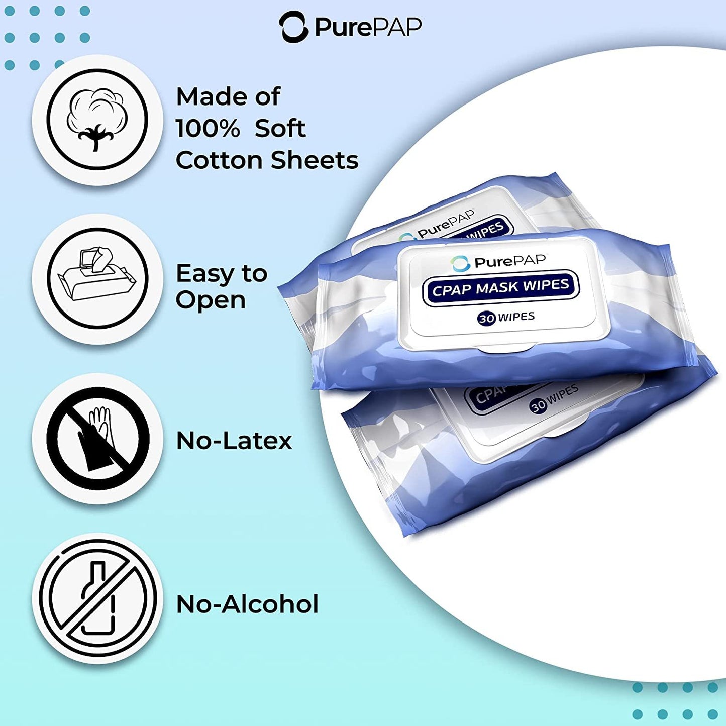 PurePAP CPAP Cleaning Wipes (30 Wipes) - 100% Cotton Sheets - Alcohol-Free CPAP wipes - Natural Ingredients w/ Aloe Vera & Vitamin E - Resealable Packet - CPAP Supplies