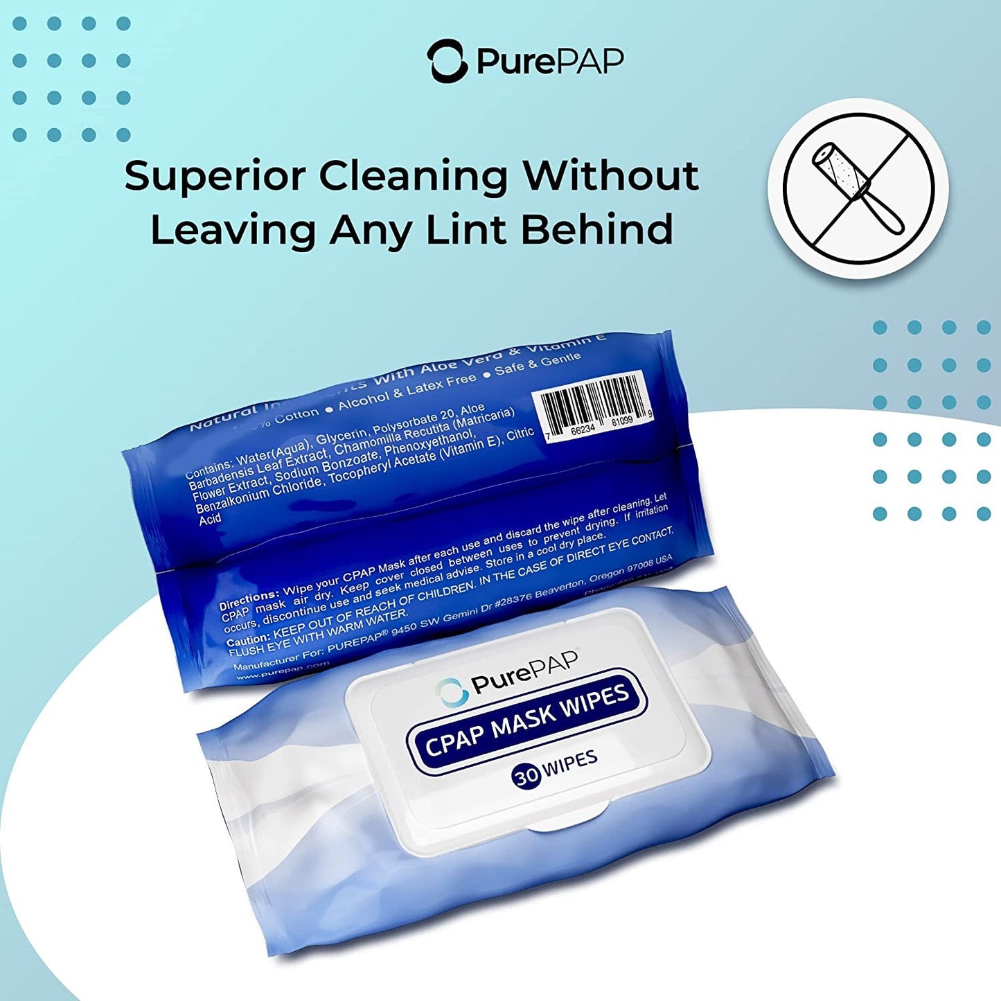 PurePAP CPAP Cleaning Wipes (30 Wipes) - 100% Cotton Sheets - Alcohol-Free CPAP wipes - Natural Ingredients w/ Aloe Vera & Vitamin E - Resealable Packet - CPAP Supplies