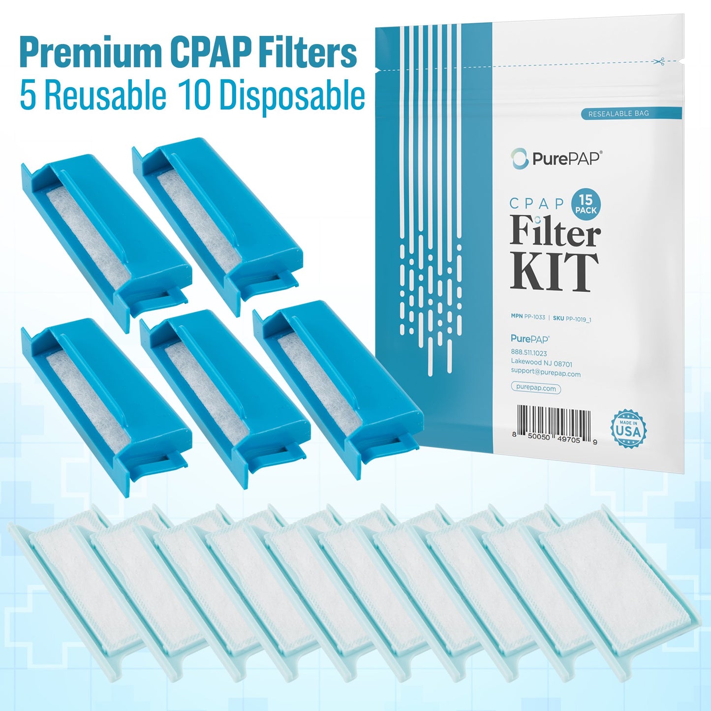 PurePAP CPAP Machine Filter Kit - Compatible with Respironics Dreamstation 1-15 Pack USA Made CPAP Supplies - Premium CPAP Filters - 5 Reusable 10 Disposable